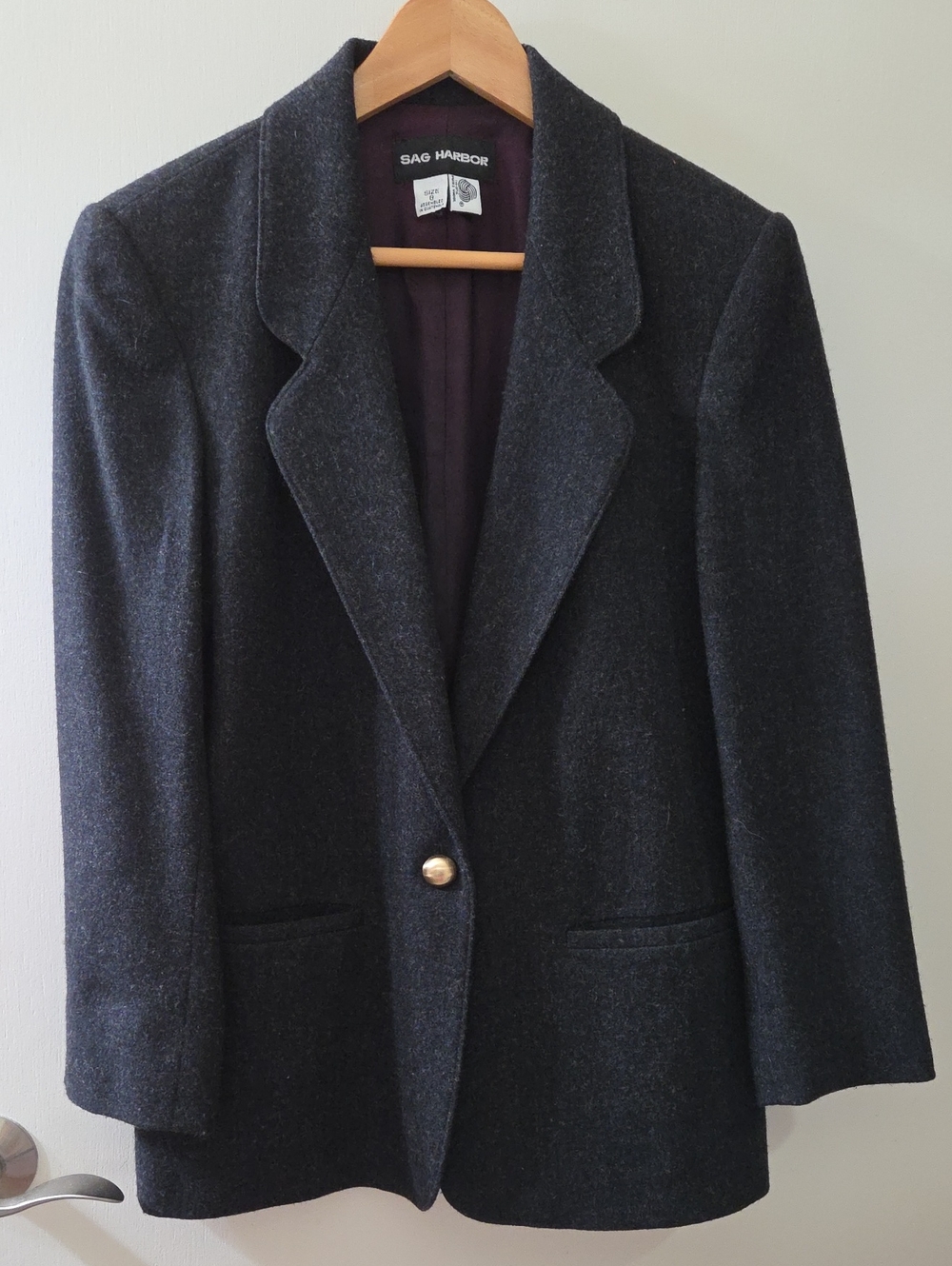 Sag Harbor Womens Blazer Charcoal Gray 100% Wool Career Suit Jacket Lined Size 8